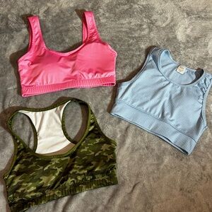 Set of Three Sports Bras - Pink, Blue, and Camouflage